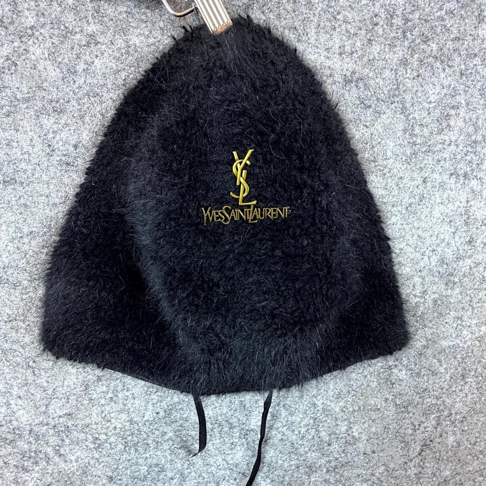 YSL Yves Saint Laurent Fuzzy Knit Beanie Hat Womens Black Gold Classy Old Money
